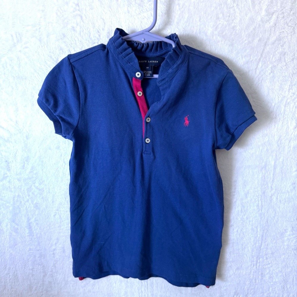 Ralph Lauren Polo Shirt Ruffle Collar 6X Blue Girls